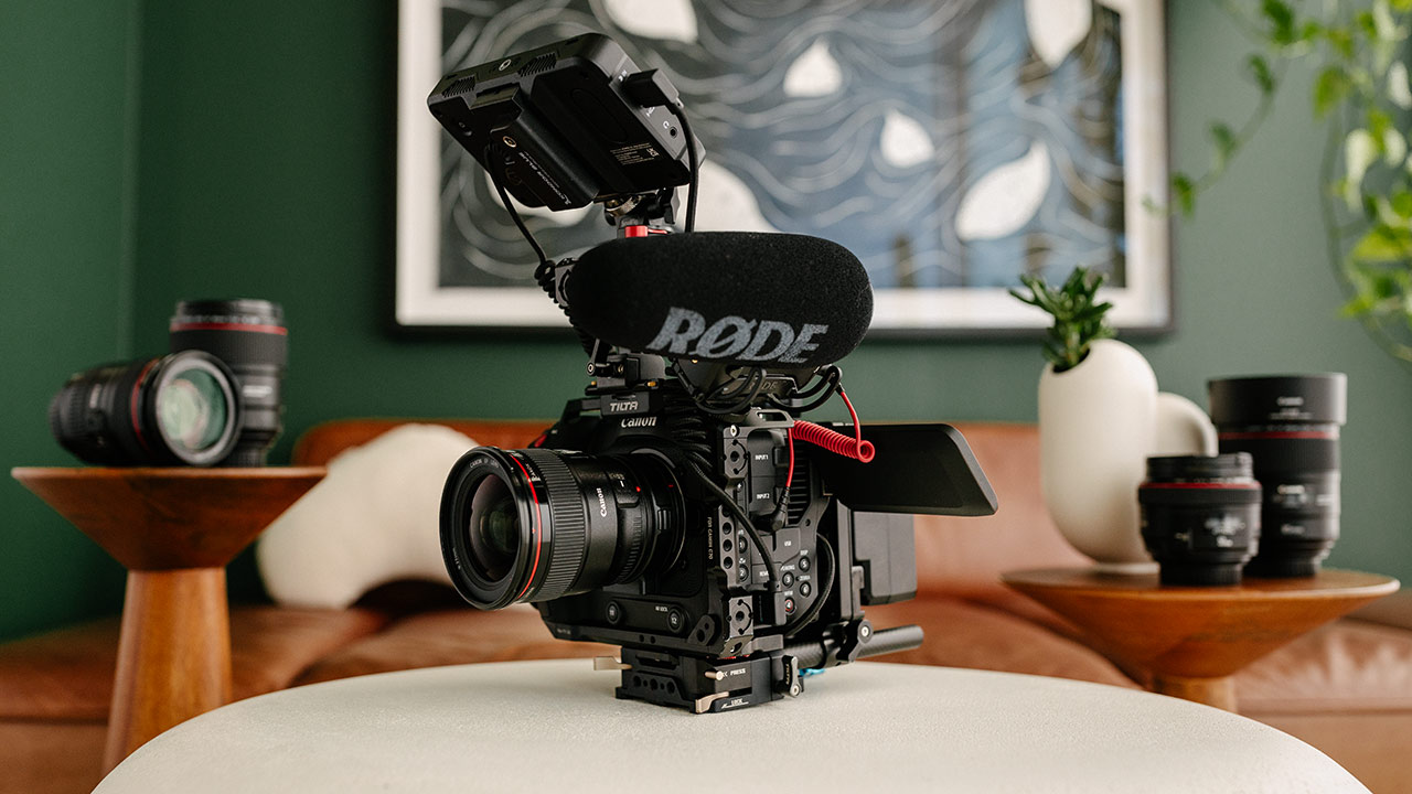 Rigged up Canon camera in studio