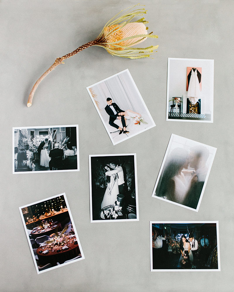 Wedding photo prints on coffee table